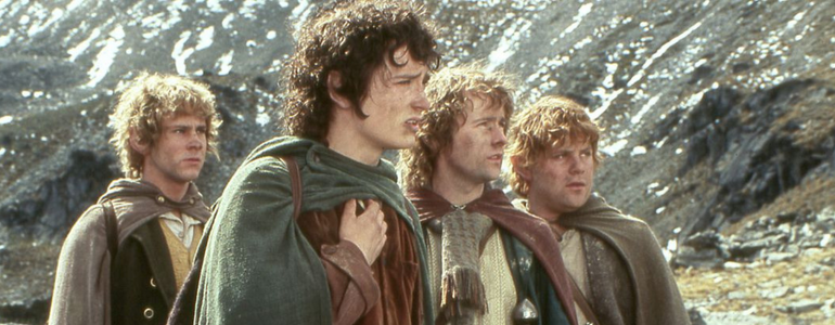 Film still from Lord of the Rings: Frodo, Sam, Merry and Pippin.