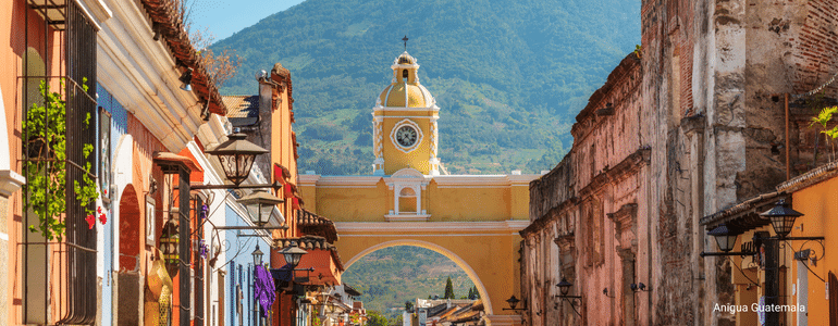 Colourful Spanish colonial buildings in Antigua, Guatemala.