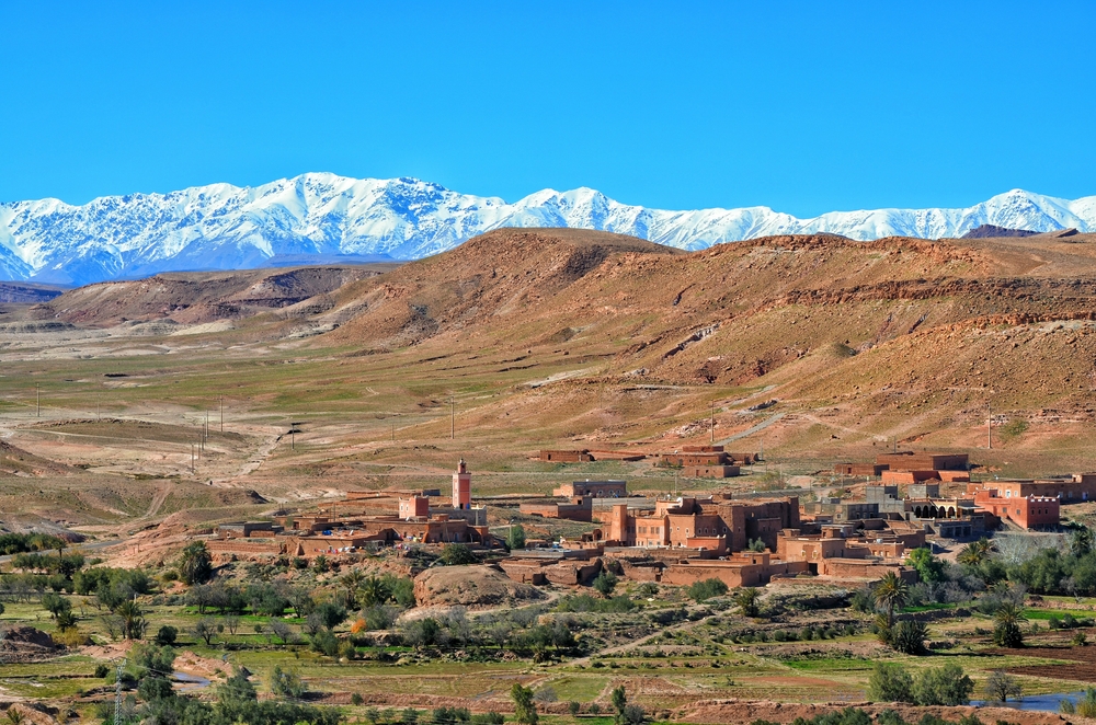 Atlas mountains with town in Morocco 