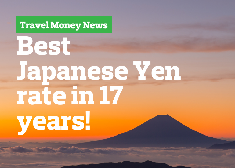 Travel Money News:  Best AUD to JPY exchange rate in 17 years! Featuring image of Mt Fuji at sunset.