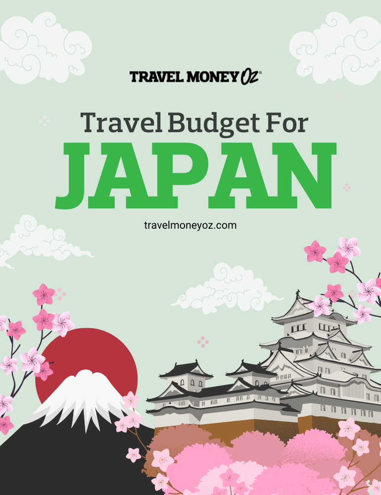 Cover Art for a Travel Budget for Japan featuring Osaka Castle, Mt Fuji, and lots of sakura cherry blossoms