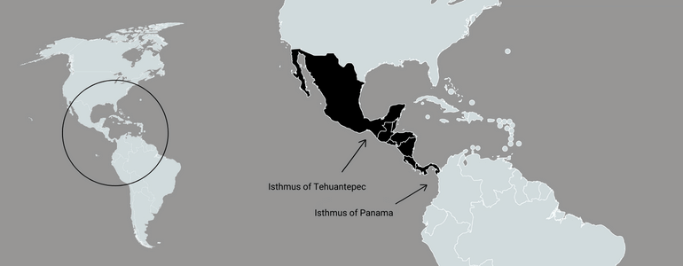 Latin America Isthmus Map showing Panama in South America and Mexico in North America creating Central America