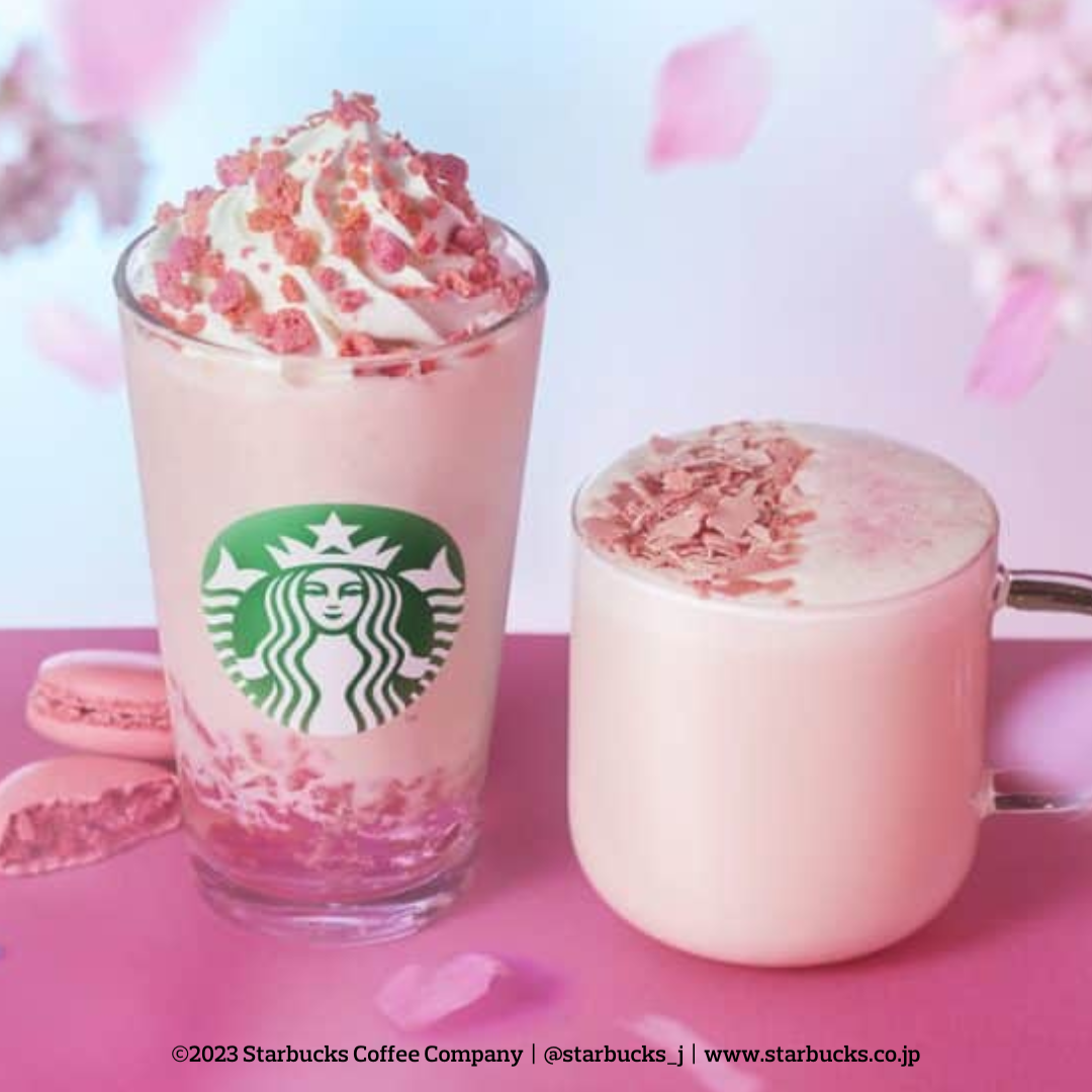 Starbucks Japan Sakura Lattes, decorated with cherry blossom and strawberry chocolate.